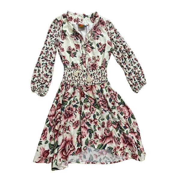 Farm Rio Anabela White Floral Smocked Ruched Waist Long Sleeve Dress XXS - Picture 4 of 14